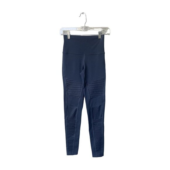 Alo Size XS Leggings Moto Mesh High Waist Navy Blue  Long Yoga Barre Workout - Picture 3 of 10